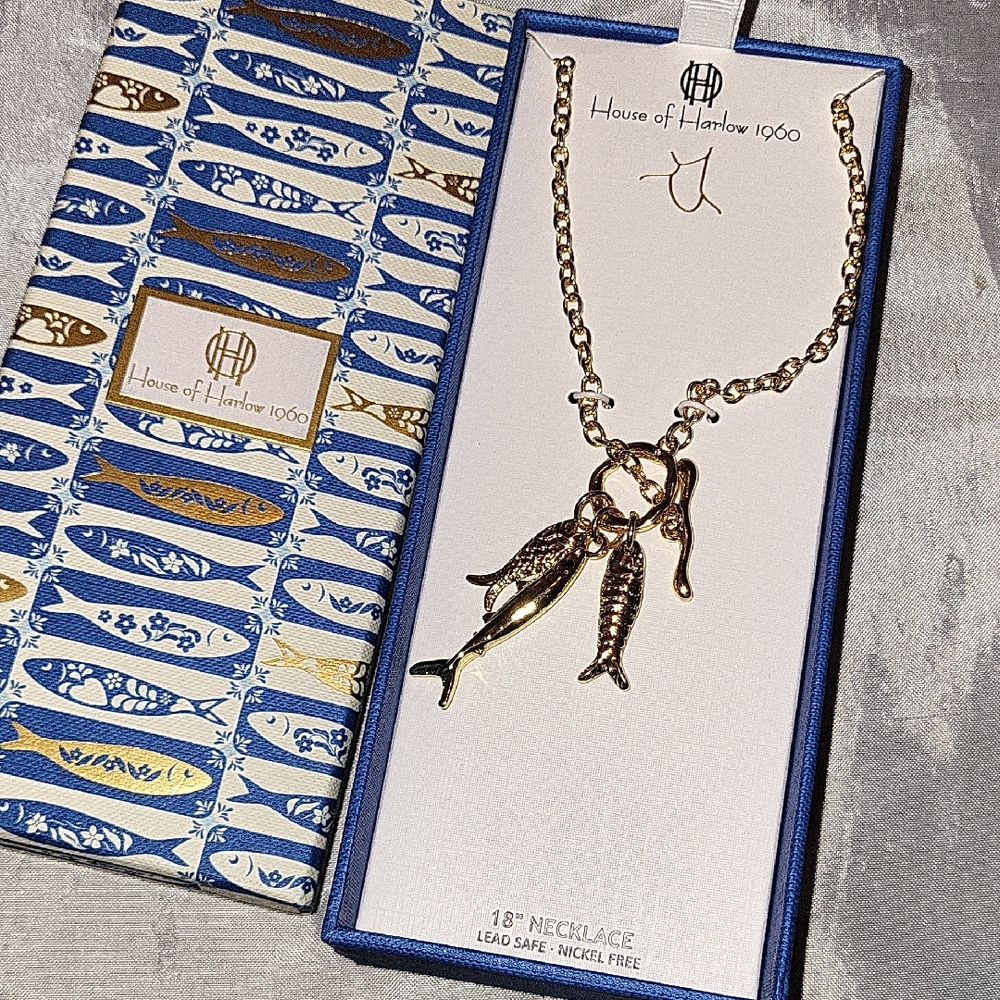 House of Harlow 1960 Gold Tone Three Fish Charm Necklace Bnib Ta